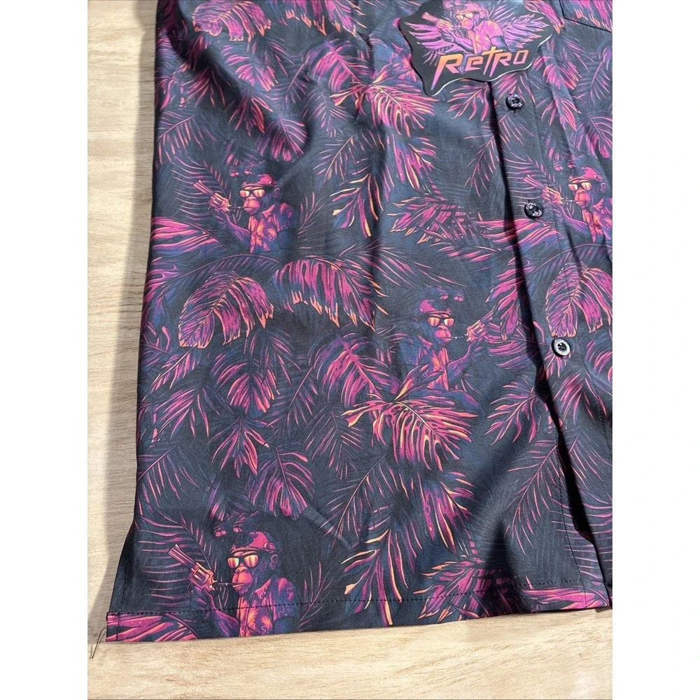 Retro Rifle Chill Chimp Button Up Shirt‎ Mens Large Black Purple Tropical Monkey
